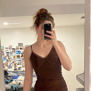 H&M Bodycon Brown Lace Ribbed Mini Strappy Dress
